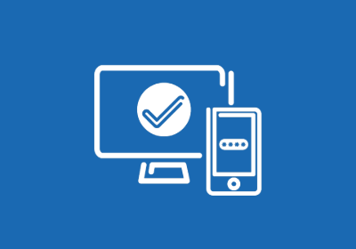 Icon of monitor with tick and mobile phone with four stars for password